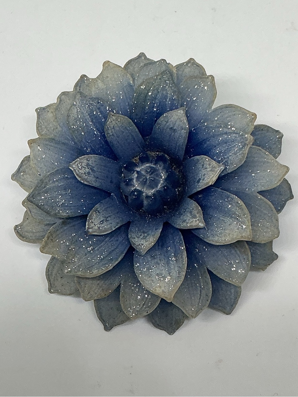 Vintage Blue Frosted Lucite Dahlia Flower Brooch Glitter Confetti Pin